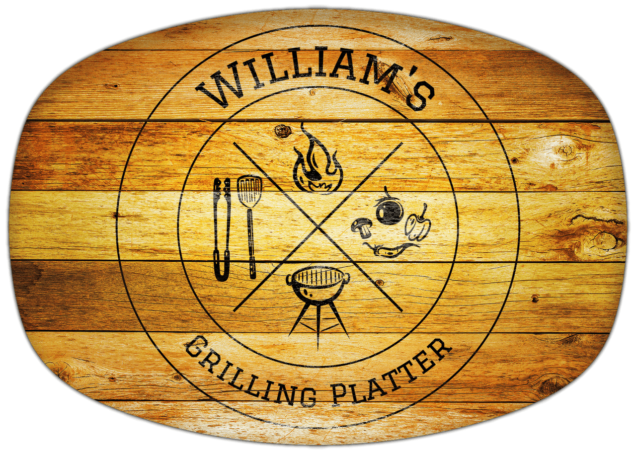 Personalized Faux Wood Grain Plastic Platter - BBQ - Sunburst Wood - Front View