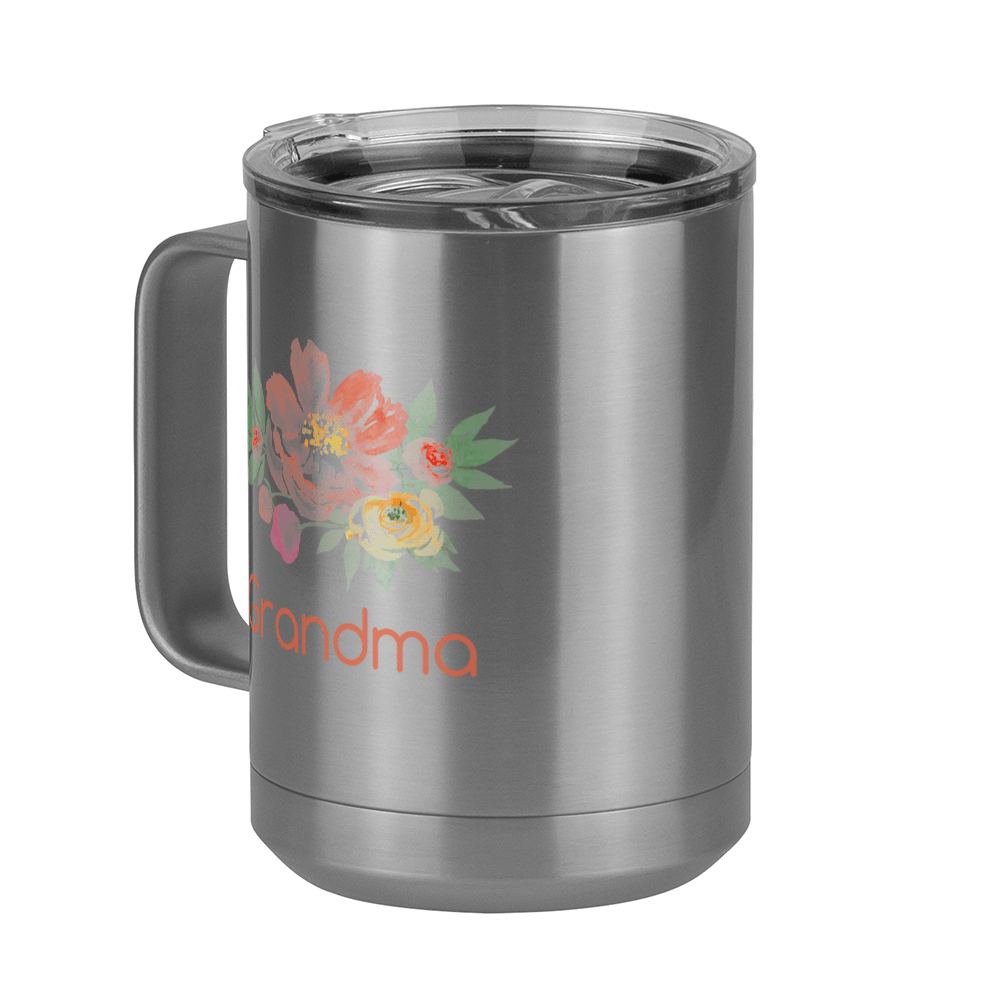 Personalized Flowers Coffee Mug Tumbler with Handle (15 oz) - Grandma - Front Left View