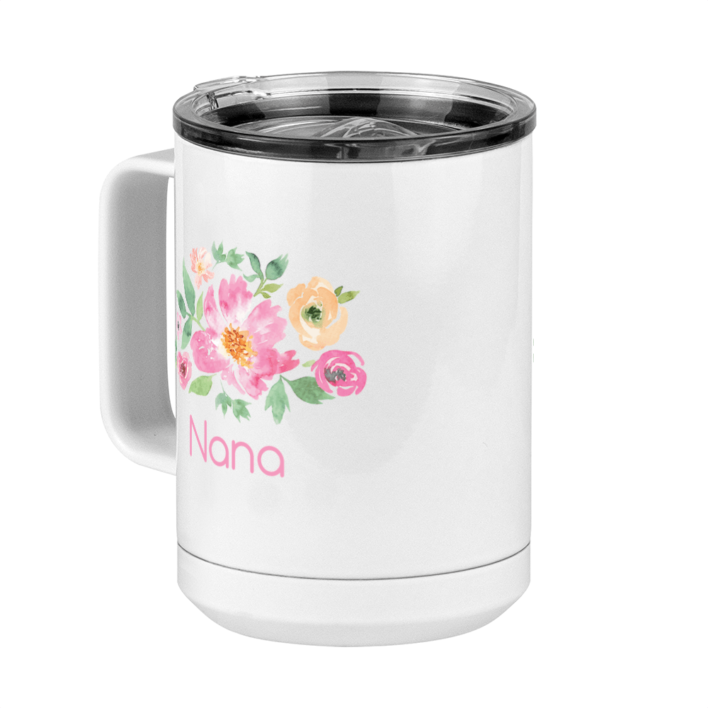 Personalized Flowers Coffee Mug Tumbler with Handle (15 oz) - Nana - Front Left View