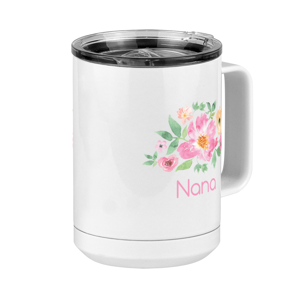 Personalized Flowers Coffee Mug Tumbler with Handle (15 oz) - Nana - Front Right View