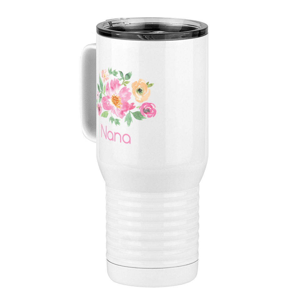 Personalized Flowers Travel Coffee Mug Tumbler with Handle (20 oz) - Nana - Front Left View