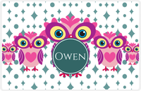 Thumbnail for Personalized Owl Placemat - Five Owls - Owl 07 - White Background with Teal Nameplate -  View