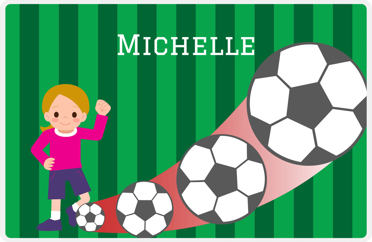 Personalized Soccer Placemat II - Green Background - Blonde Girl -  View