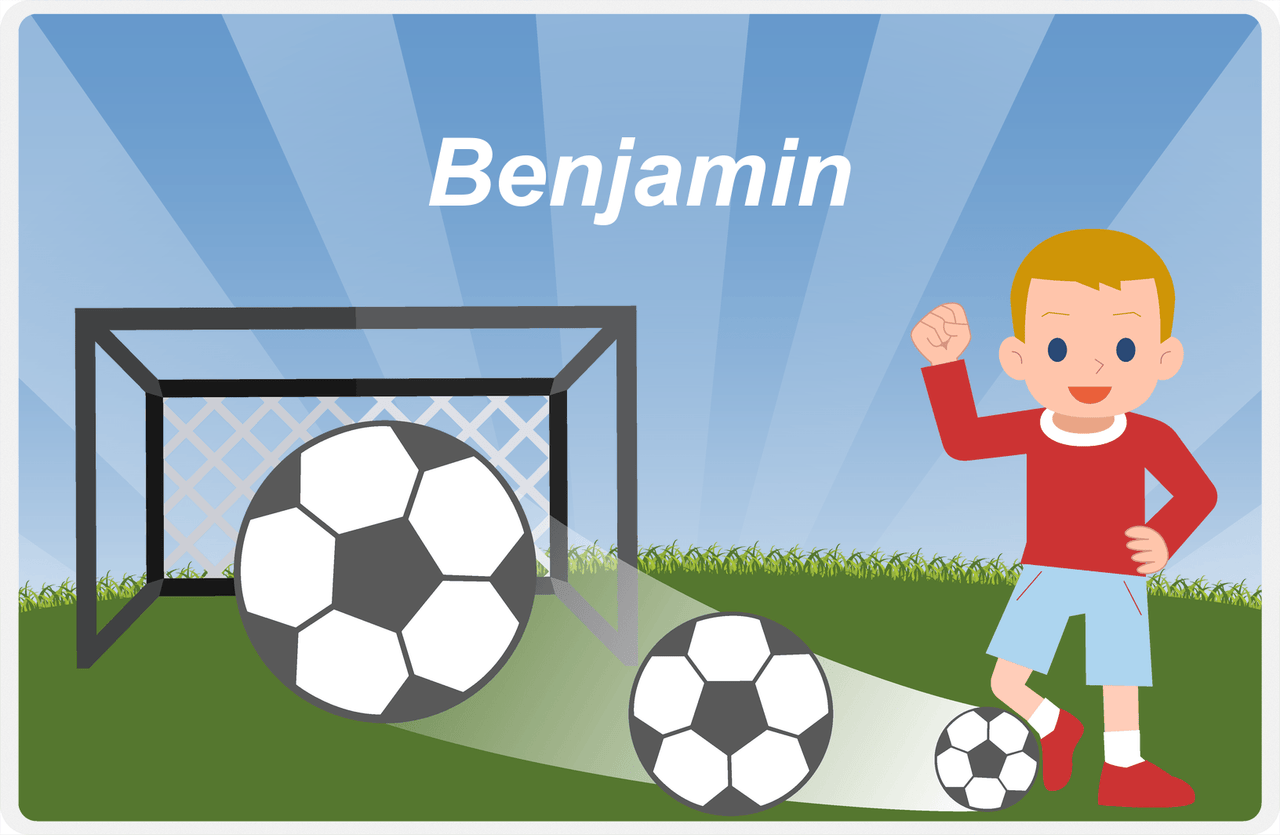 Personalized Soccer Placemat VIII - Blue Background - Blond Boy -  View