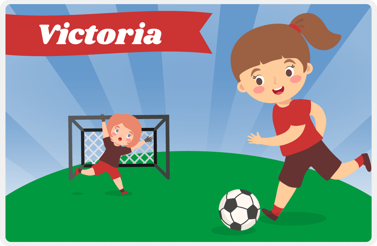 Personalized Soccer Placemat XXI - Blue Background - Brunette Girl -  View