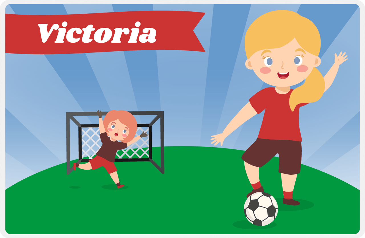 Personalized Soccer Placemat XXI - Blue Background - Blonde Girl II -  View