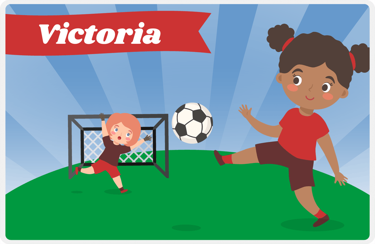 Personalized Soccer Placemat XXI - Blue Background - Black Girl -  View