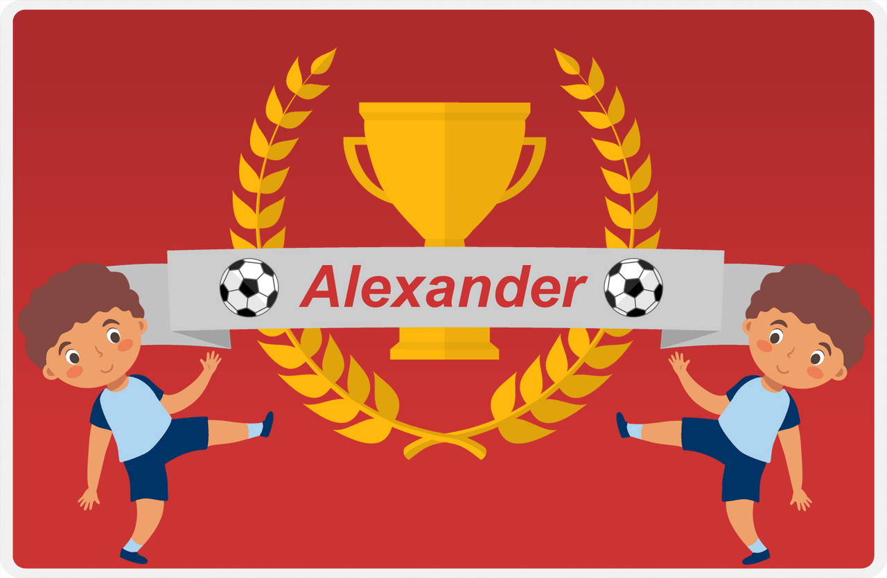 Personalized Soccer Placemat XXIX - Red Background - Black Boy -  View