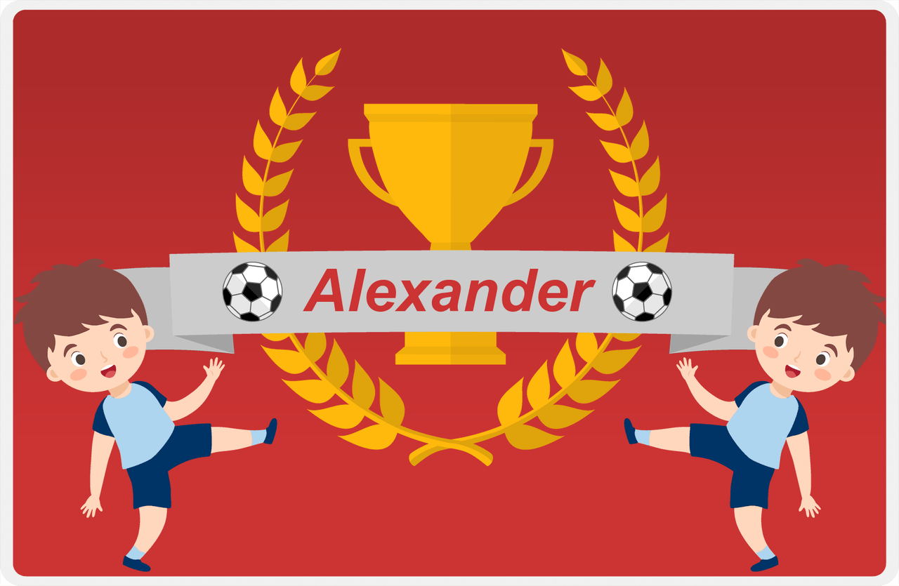 Personalized Soccer Placemat XXIX - Red Background - Brown Hair Boy II -  View