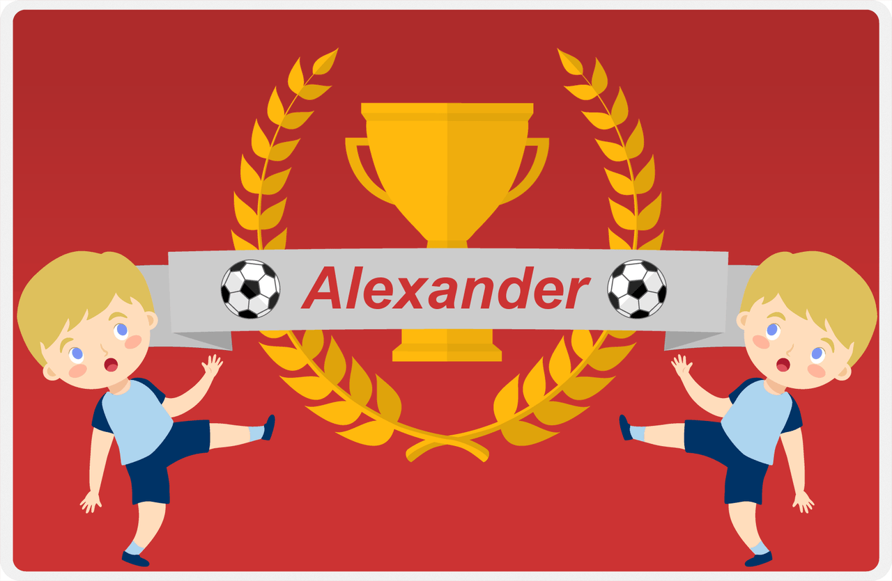 Personalized Soccer Placemat XXIX - Red Background - Blond Boy -  View