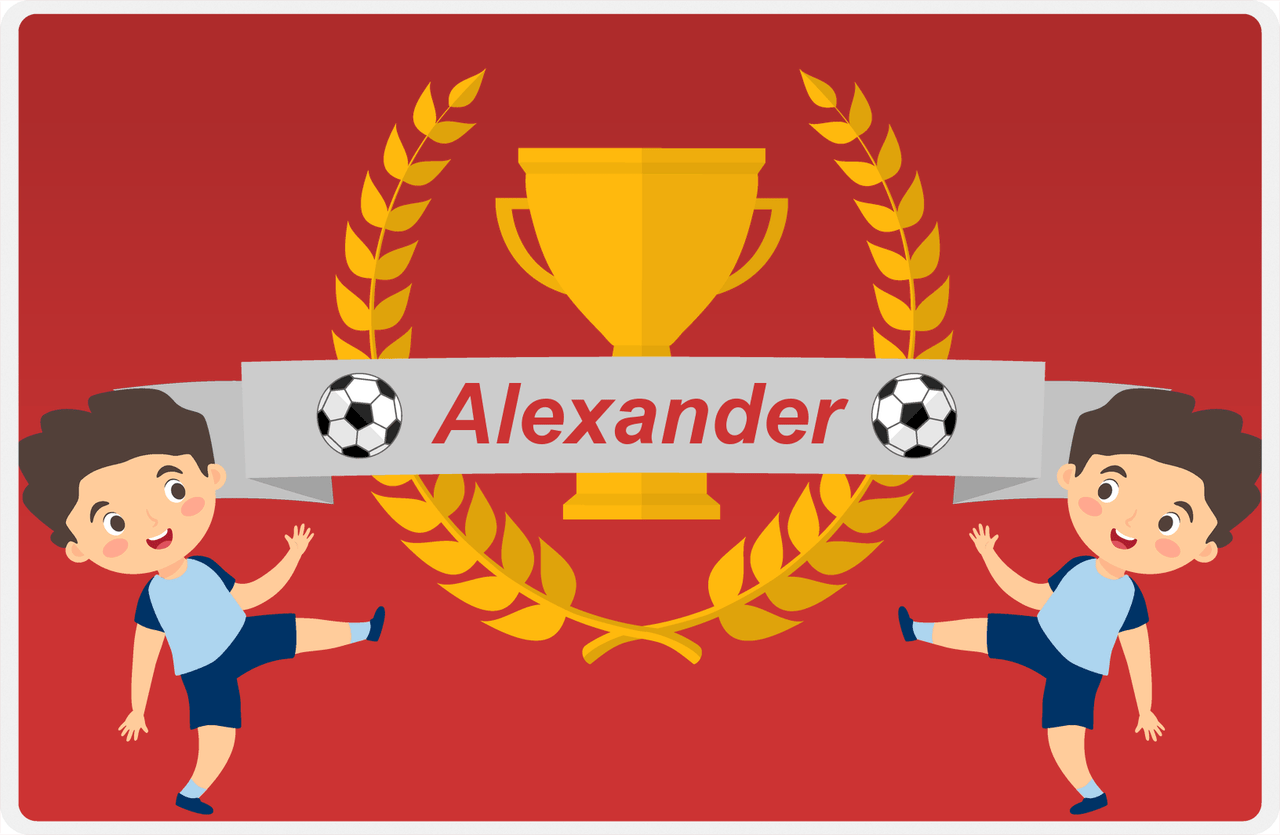 Personalized Soccer Placemat XXIX - Red Background - Black Hair Boy -  View