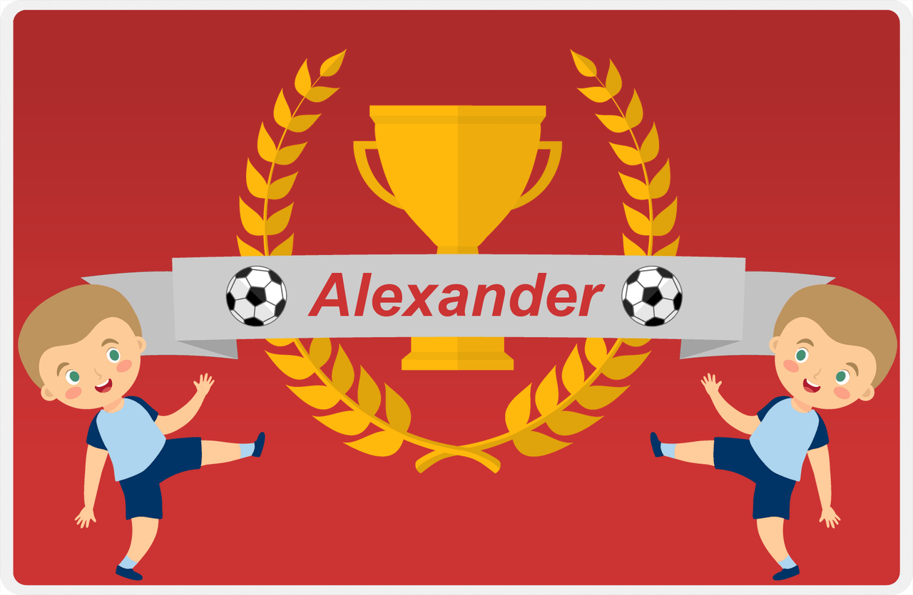 Personalized Soccer Placemat XXIX - Red Background - Blond Boy II -  View