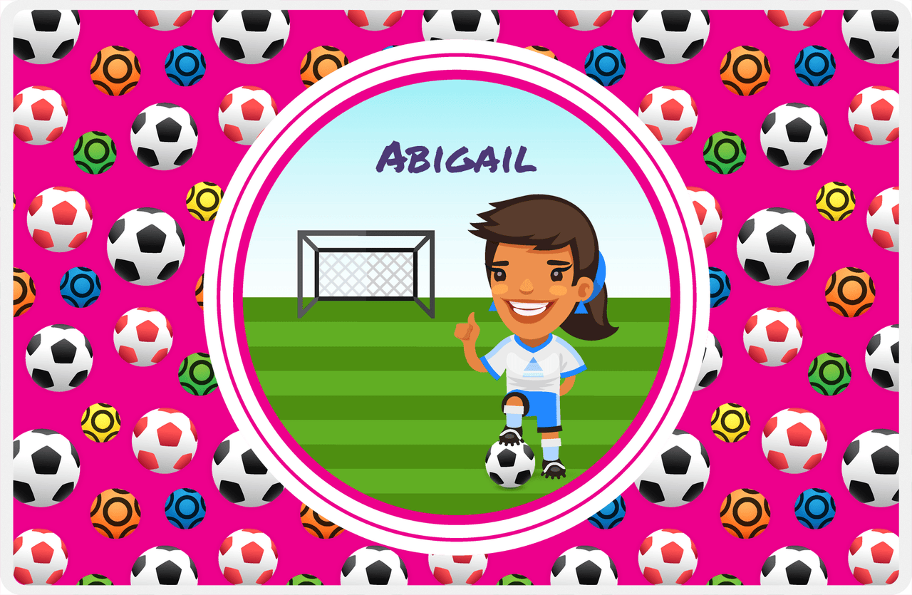 Personalized Soccer Placemat XXXIX - Pink Background - Black Hair Girl -  View