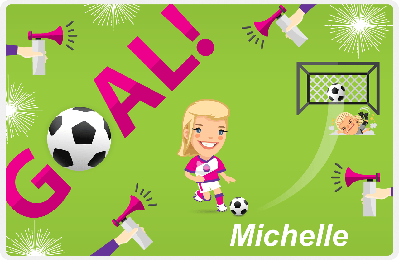 Personalized Soccer Placemat XLI - Green Background - Blonde Girl -  View