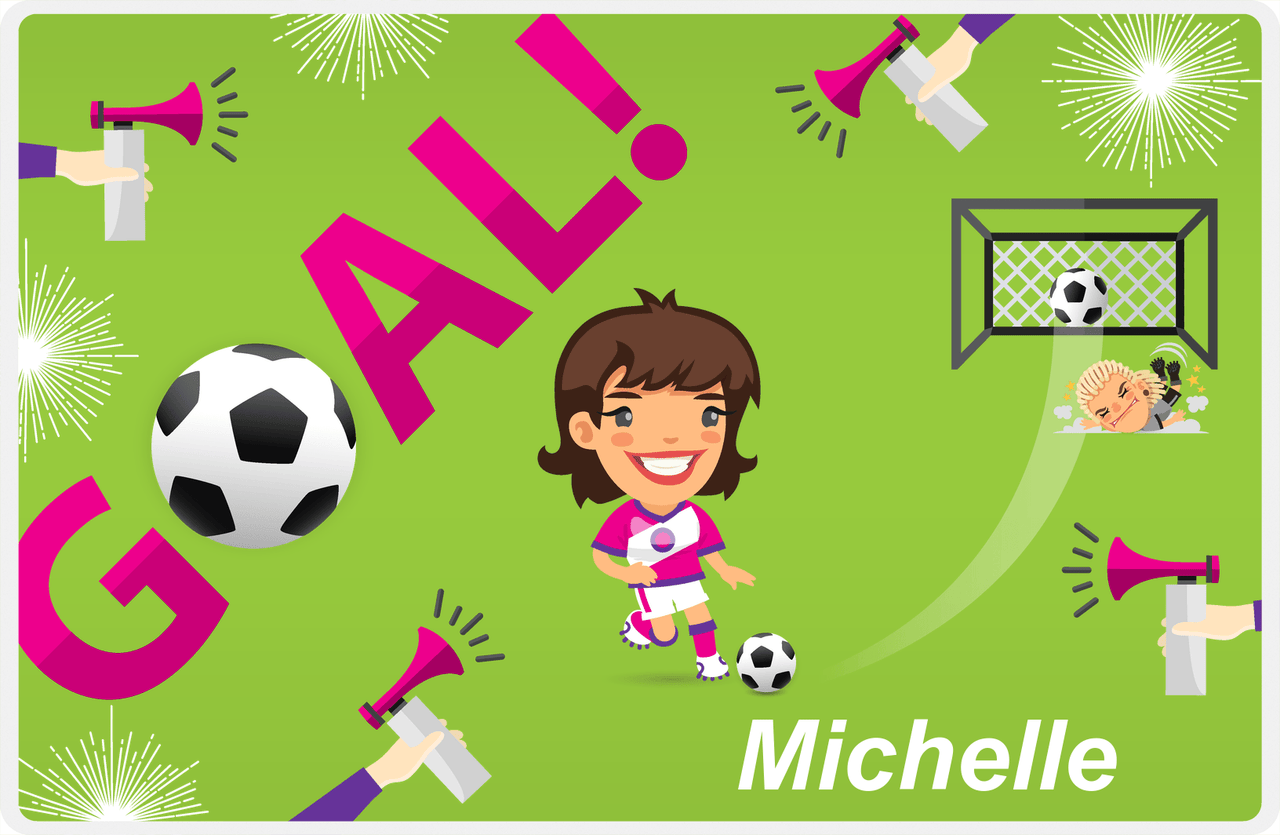 Personalized Soccer Placemat XLI - Green Background - Brunette Girl -  View